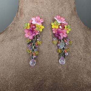 🌸Colleen Toland Pink Yellow Floral Statement Earrings Botanical Beaded Drop🌸